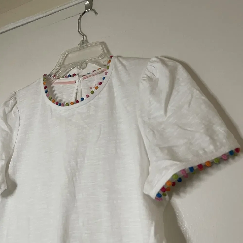 BODEN Ali Puff Sleeve Pom white cotton T-Shirt US 4